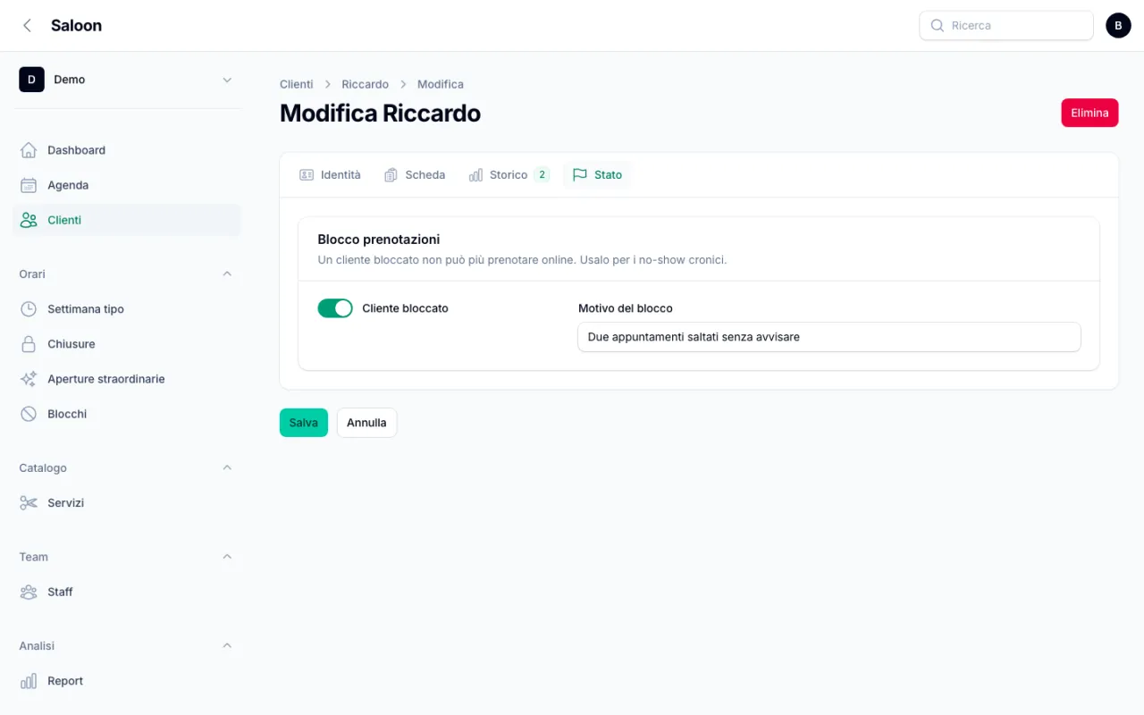 Scheda cliente di Saloon nel tab Stato con Cliente bloccato acceso e motivo due appuntamenti saltati senza avvisare