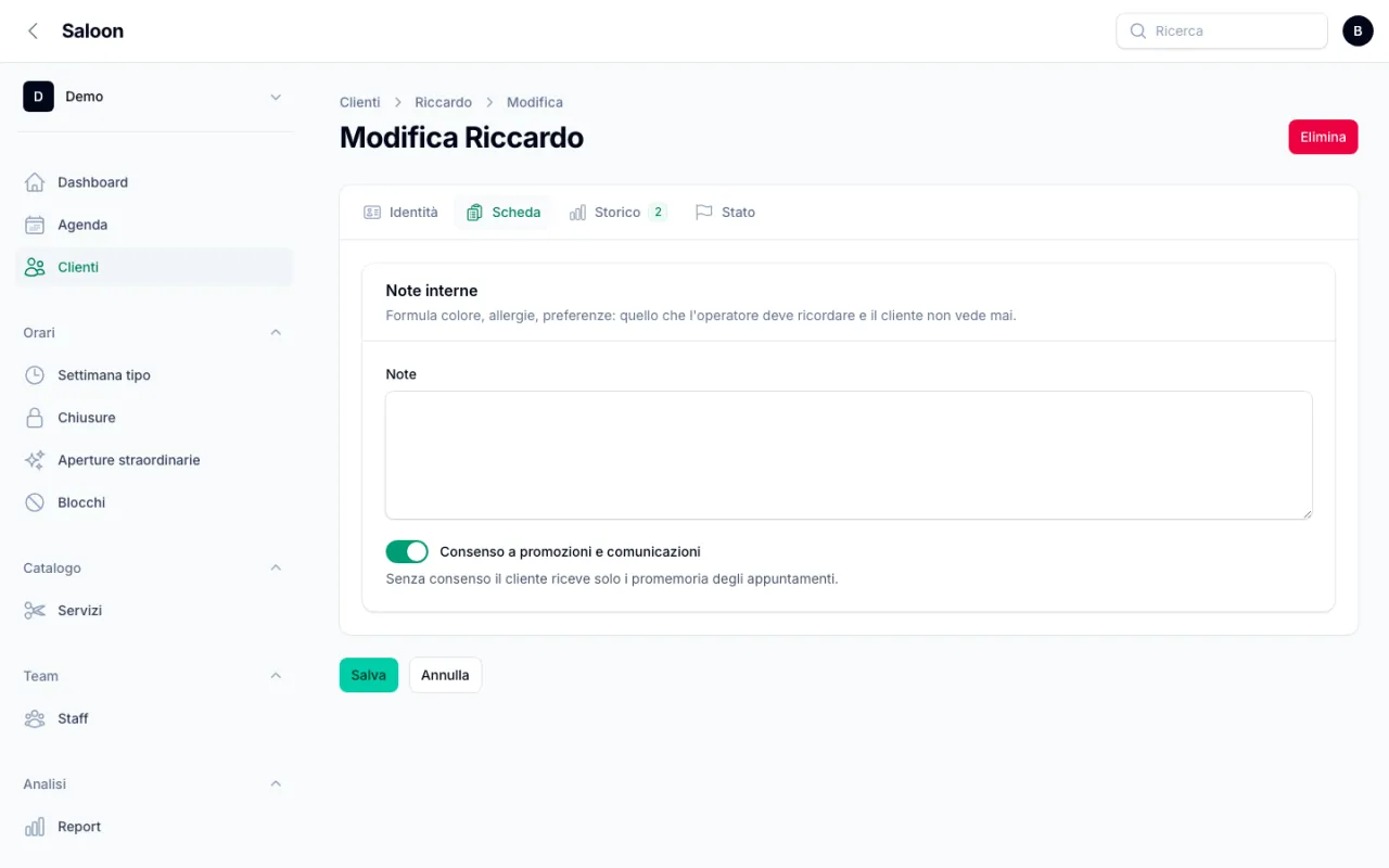 Scheda cliente, tab Scheda, con le note interne per formula colore e allergie e il consenso a promozioni