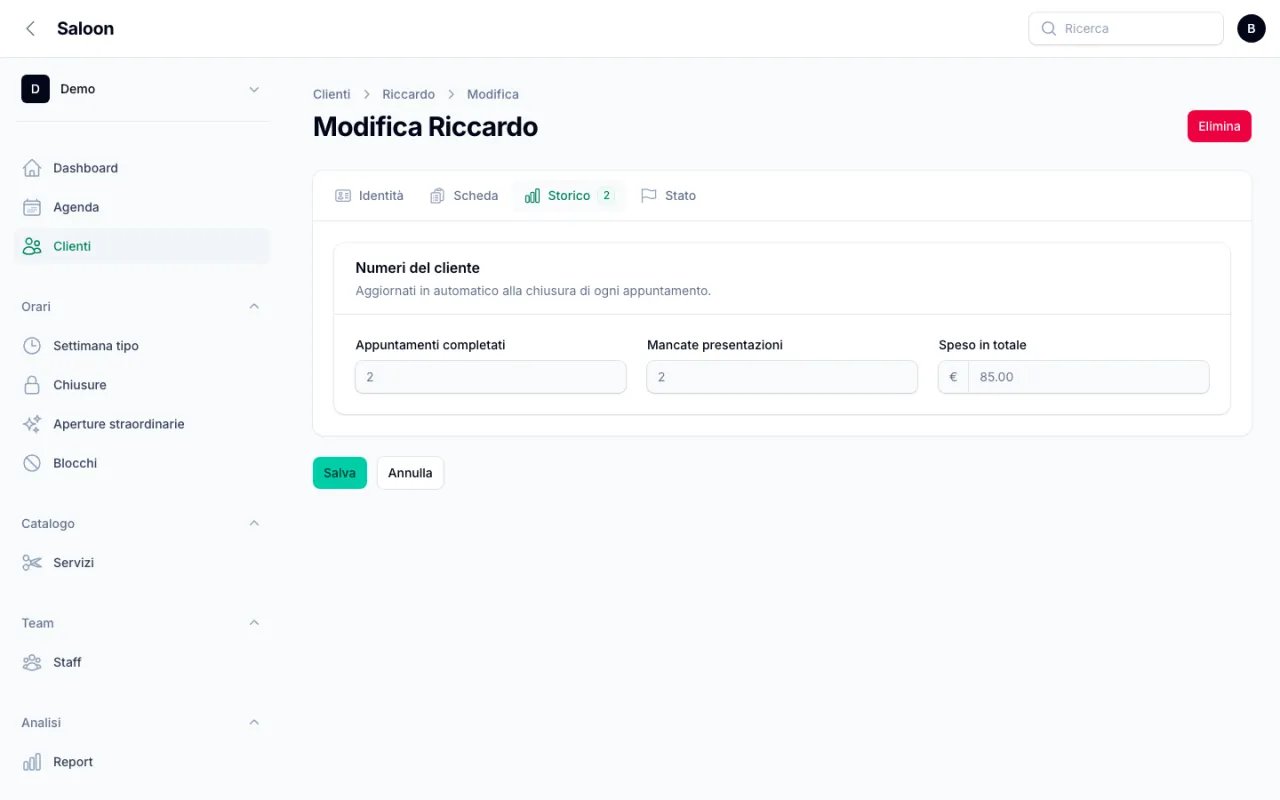 Scheda cliente, tab Storico, con appuntamenti completati, mancate presentazioni e speso in totale
