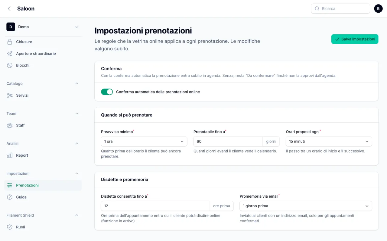Impostazioni prenotazioni con conferma automatica, preavviso minimo, prenotabile fino a 60 giorni, orari ogni 15 minuti e promemoria email un giorno prima