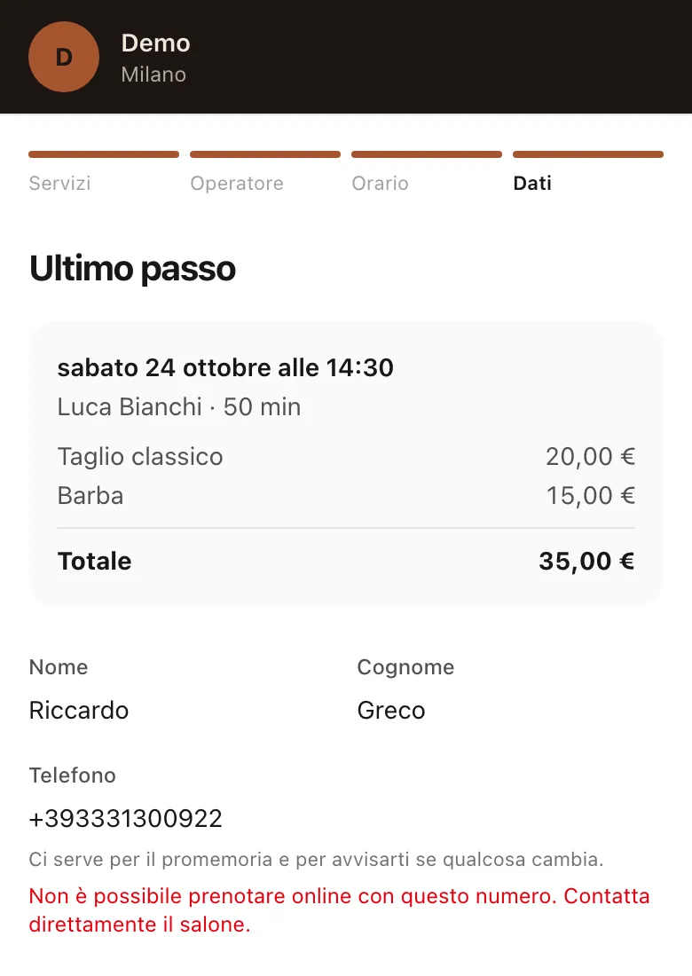 Ultimo passo della prenotazione online da telefono con il messaggio Non è possibile prenotare online con questo numero