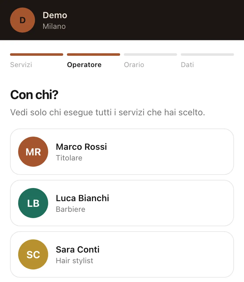 Passo Con chi della prenotazione da telefono: Marco Rossi titolare, Luca Bianchi barbiere, Sara Conti hair stylist