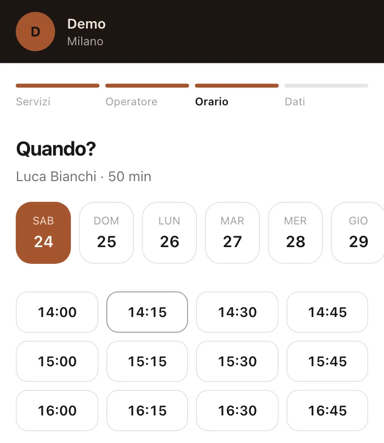 Prenotazione da telefono al passo Quando con i giorni in fila e gli orari liberi proposti ogni 15 minuti