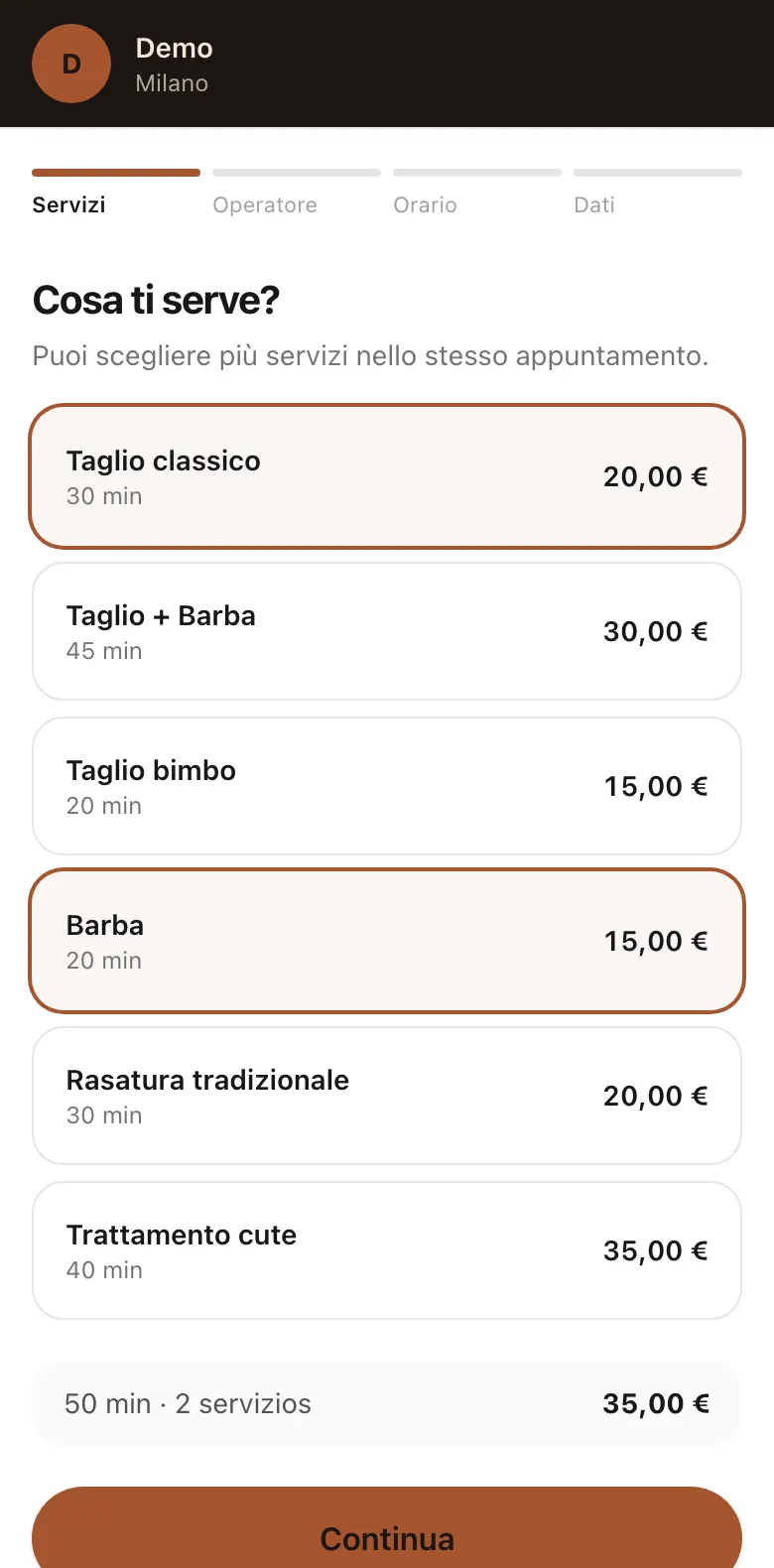 Prenotazione online da telefono, passo Cosa ti serve: due servizi scelti, totale 50 minuti e 35 euro