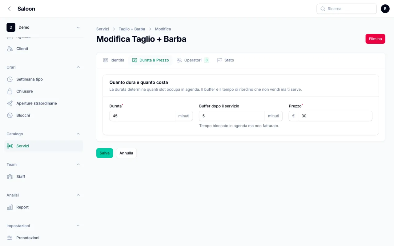 Scheda di un servizio nel tab Durata e Prezzo con durata 45 minuti, buffer 5 minuti e prezzo 30 euro